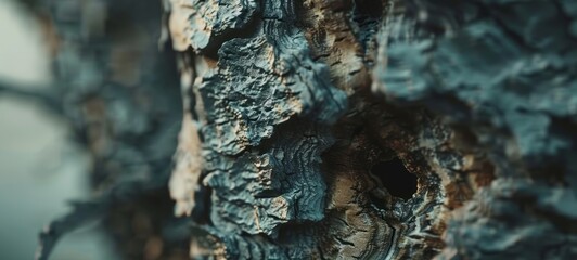 A close-up view of tree bark, with hyperrealistic compositions in dark beige and gray colors.