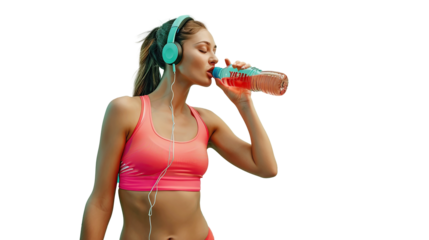 Young sporty woman in sportswear with wireless headset drinking from bottle. Transparent, isolated on white.
