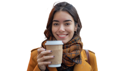 Young woman drinking coffee outdoors, holding a paper coffee to-go cup, smiling looking at camera, takeaway coffee mug, crowded street on background, mid autumn, wearing a scarf. copy space.