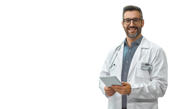 Portrait of pharmaceutical sales representative in medical building, waiting for doctor, presenting new pharmaceutical product. Transparent, isolated on white.