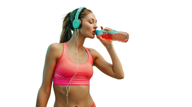 Young sporty woman in sportswear with wireless headset drinking from bottle. Transparent, isolated on white.