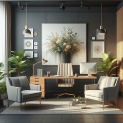 A Room with a template mockup poster empty white and with a desk and chairs and a painting on the wall realistic photo harmony.