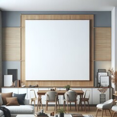 A Room with a template mockup poster empty white and with a large white poster above a table realistic attractive used for printing card design.