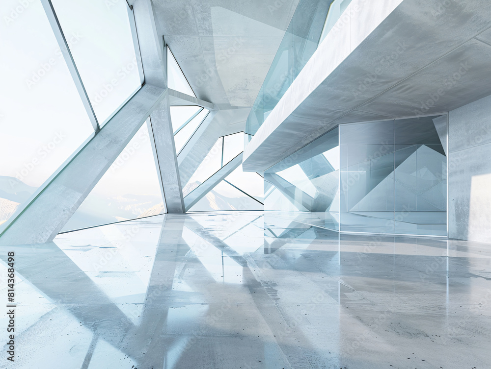 Poster contemporary interior design with geometric shapes and gray concrete texture, featuring sharp angula