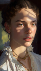 A close-up portrait of a beautiful brunette model with long hair and brown eyes, generative AI.