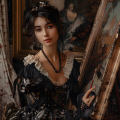 A glamorous brunette model in a black dress poses sensually against a dark background ,generative AI .