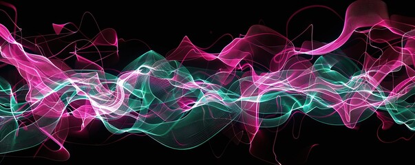 An expansive view of electric pink and turquoise lines weaving a dynamic plexus over a black background