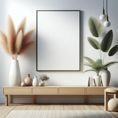 A Room with a template mockup poster empty white and with a white wall and a white picture frame realistic photo has illustrative meaning.