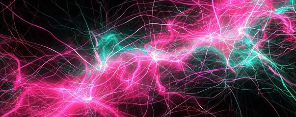 An expansive view of electric pink and bright turquoise lines weaving a dynamic plexus over a black background