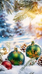 Obraz premium balls pinecones snowy surface holding bell duplication content aliased sun computer graphics golden background flowers green white