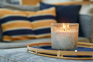 A crackled glass candle jar on a bamboo tray table, with a navy and mustard striped pillow on a...