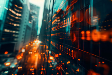 Fototapeta premium Glowing stock market numbers on digital displays with a blurred cityscape background, highlighting the fast-paced nature of finance