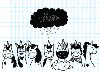 Cute Doodle Unicorns with Thought Bubble

