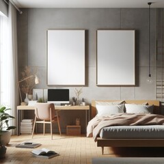 Bedroom sets have template mockup poster empty white with a desk and Bedroom interior art photo harmony lively.