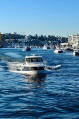 Harbor patrol boats cruising along the waterfront, keeping a watchful eye on maritime traffic and ensuring safety at sea, Generative AI