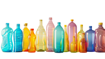 A group of colorful, empty plastic bottles of various shapes and sizes arranged in a pyramid formation against a clean. Isolated on white background.