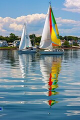 Fototapeta premium Sailboats gliding gracefully across the harbor's tranquil waters, their colorful sails billowing in the gentle breeze, Generative AI