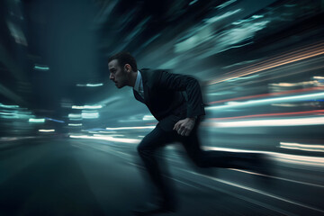 A businessman running urgently through a tunnel of light streaks, symbolizing the fast pace and...