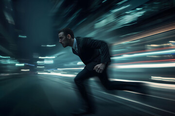 A businessman running urgently through a tunnel of light streaks, symbolizing the fast pace and pressures of the business world