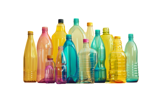 A group of colorful, empty plastic bottles of various shapes and sizes arranged in a pyramid formation against a clean. Isolated on white background.