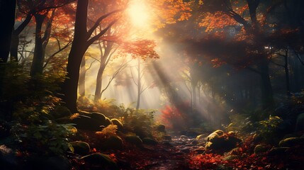An enchanting forest blanketed in mist, with towering trees adorned in vibrant autumn colors and...