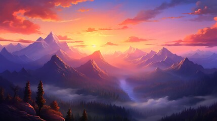 A breathtaking sunrise over a serene mountain range, painting the sky in vibrant hues of orange and...