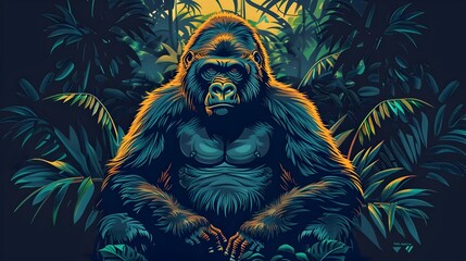 Fototapeta premium Majestic Gorilla Amidst Misty Rainforest Vegetation Primal Energy and Wisdom in Vibrant Synthwave