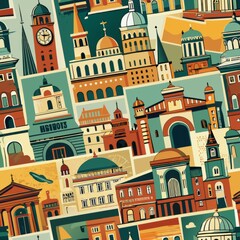 Seamless pattern of vintage postcards showcasing architectural marvels and historic buildings, Generative AI