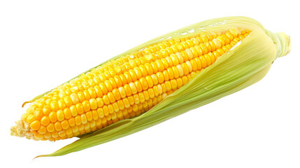 a single, vibrant of corn, its kernels plump and golden, glistening , Isolated on white background.