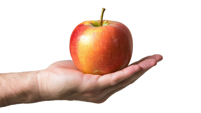 a person's hand holding a fresh, crisp apple. Isolated on a white background
