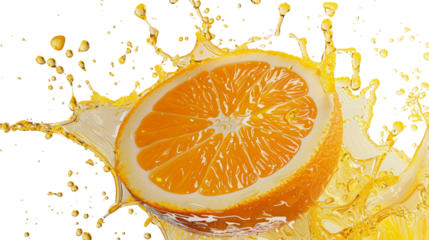 an orange slice bursting with juice, Isolated on white background.