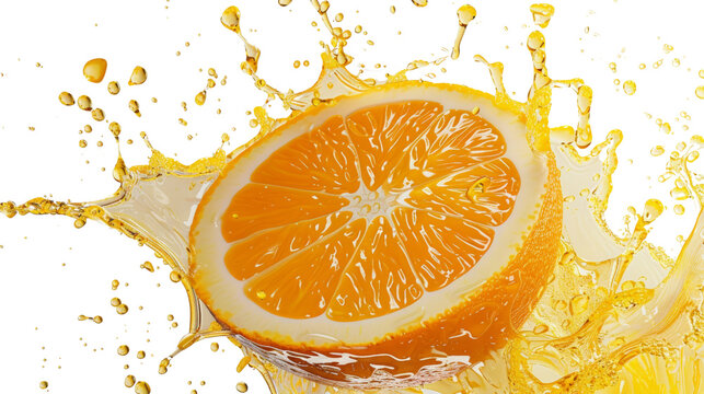 an orange slice bursting with juice, Isolated on white background.