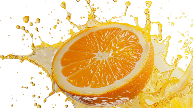 an orange slice bursting with juice, Isolated on white background.