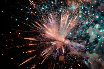 Fireworks exploding on a dark sky Fireworks on black background. Abstract background or wallpaper