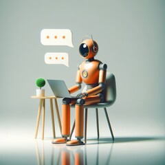 tylized robot sitting on a chair, engaged in an online conversation, with a humanoid form, round head, visual sensors resembling eyes, wearing an orange suit, holding a laptop