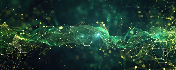 A broad horizontal design of neon green and soft gold plexus connections stretching across a dark canvas