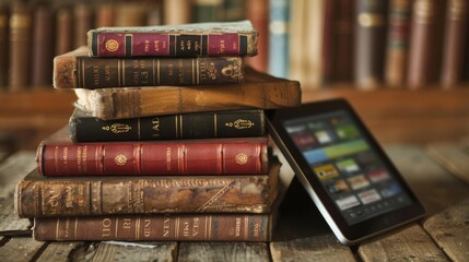 Antique Paperback Books Adjacent to Digital E-book Library