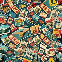 Seamless pattern of vintage postcards showcasing famous cities and their historic landmarks, Generative AI