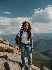 Young positive African American woman with a tourist backpack stands on top of a rock in the mountains, travels and enjoys a beautiful view of the mountains