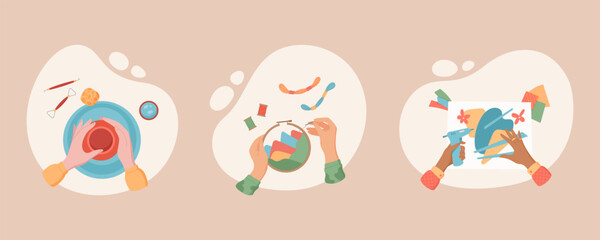 Flat creative hand craft hobby concept set, handicraft DIY pottery craftwork background, colorful hands create painting at art workshop, children handmade beading activity collection.