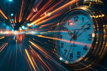 An alarm clock is captured with a time warp effect, its face sharp against a background of colorful...
