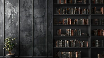 Elegant Bookshelf Wallpaper with Grey Background and Black Bookshelves