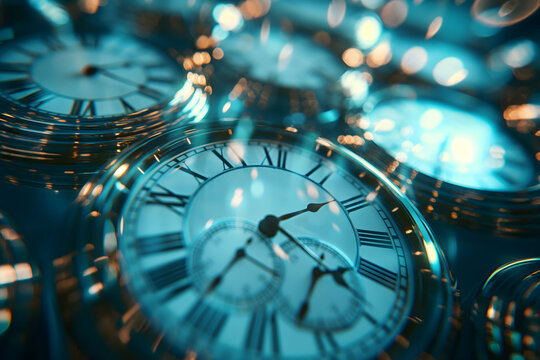 A surreal collection of floating clocks in a blue, dreamlike setting, representing the concept of time dilation