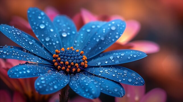 closeup blue flower deep droplets bloomy daisy depicting