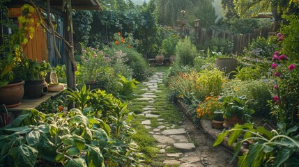 A rustic kitchen garden with a stone pathway, surrounded by flowering herbs and vegetables, an early morning dewy atmosphere, very picturesque and natural. Created Using: Cottage garden style, rustic