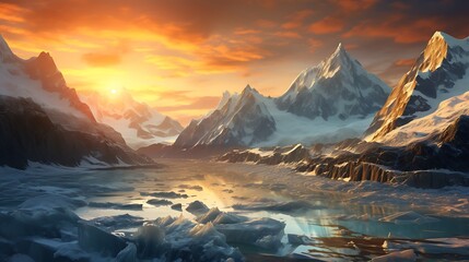 A majestic glacier stretching across a rugged landscape, its icy peaks shimmering under the golden light of the setting sun. - Powered by Adobe