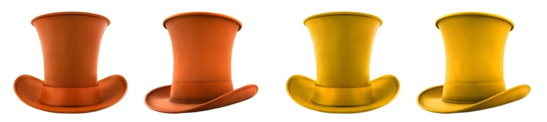 2 Set of yellow orange mustard classic traditional stovepipe top hat, front and side view on transparent cutout PNG file. Mockup template for artwork design