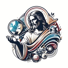 A graphic of a jesus christ holding a magnifying glass image realistic photo lively illustrator.