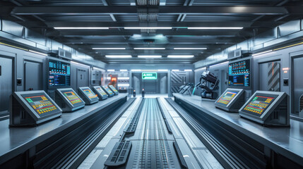 Obraz premium Governs the actions of robotic arms as they skillfully handle manufactured products on conveyor belts, portrayed in immersive 3D rendering within an empty logistics depot.