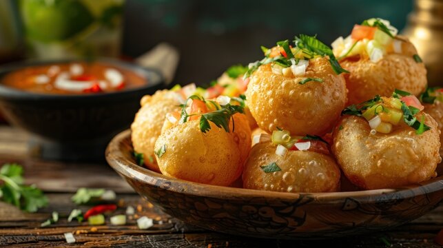 Panipuri in a plate served on a wooden table.